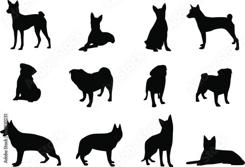 Vector dog silhouettes on isolated white background. Icon set.