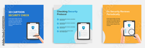 Social media tutorial, tips post banner layout template in 3D cartoon style. Security check reviews concept. Vector design illustration