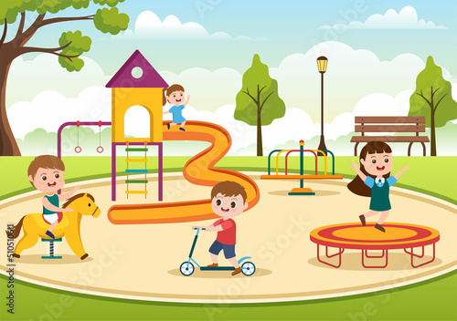 Children Playground with Swings, Slide, Climbing Ladders and More in the Amusement Park for Little Ones to Play in Flat Cartoon Illustration