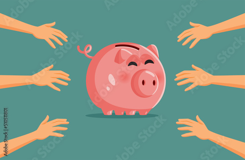 People Reaching for Savings from the Same Piggy Bank Vector Cartoon