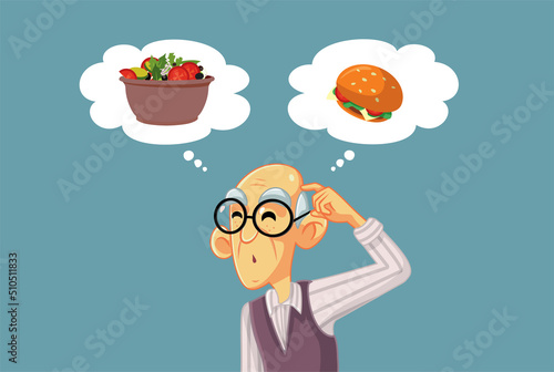 Senior Old Man Thinking What to Eat Vector Cartoon Illustration