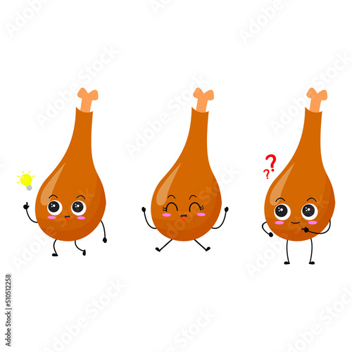 Vector illustration of 3 chicken thighs with various cute expression, set of chicken thigh isolated on white background, simple minimal style,  mascot collection, emoticon, adorable