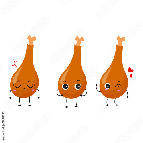 Vector illustration of 3 chicken thighs with various cute expression, set of chicken thigh isolated on white background, simple minimal style,  mascot collection, emoticon, lovely and cute