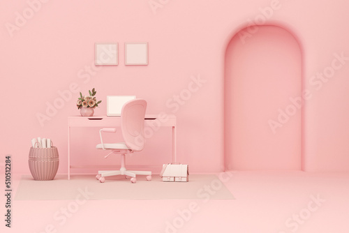 Interior of the room in plain monochrome pink color with desk and room accessories. Light background with copy space. 3D rendering for web page  presentation or picture frame backgrounds.