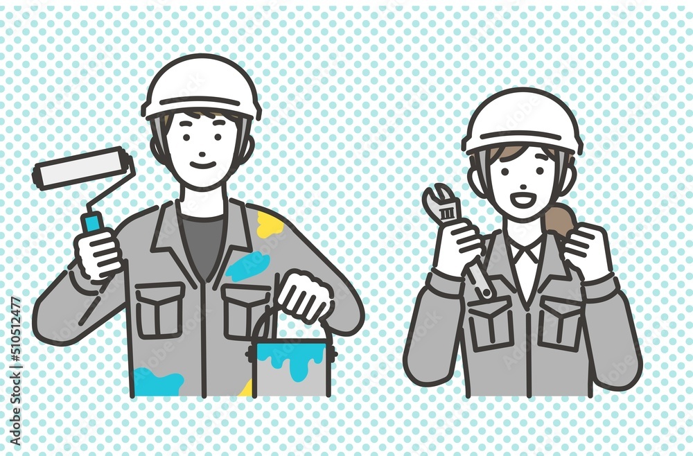 工具を持つ大工や職人、作業員などの上半身のベクターイラスト素材／コミュニケーション／現場監督／工事
