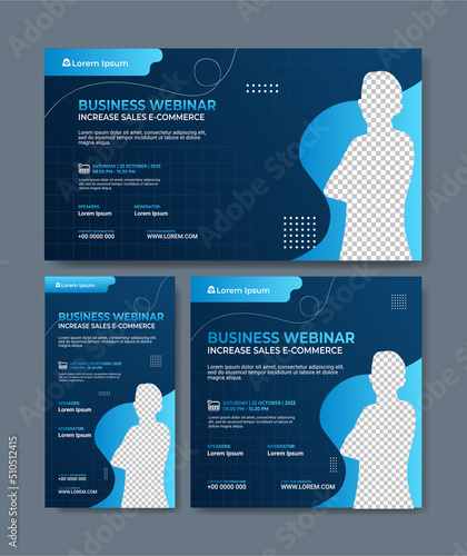 Set of webinar business banners. Layout templates for stories, thumbnail screens waiting for live video streams, and square banners for social media posts. Digital marketing vector illustration.