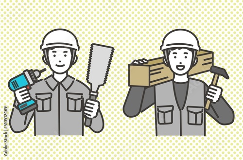 工具を持つ大工や職人、作業員などの上半身のベクターイラスト素材／コミュニケーション／現場監督／工事