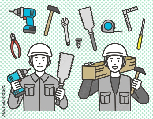 工具アイコンと工具を持つ大工や職人、作業員などの上半身のベクターイラスト素材／コミュニケーション／現場監督／工事