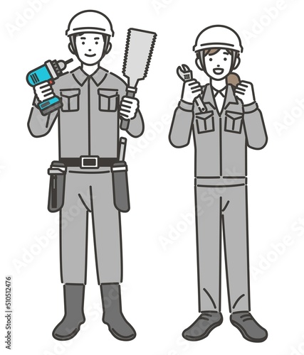 工具を持つ大工や職人、作業員などのベクターイラスト素材／コミュニケーション／現場監督／工事