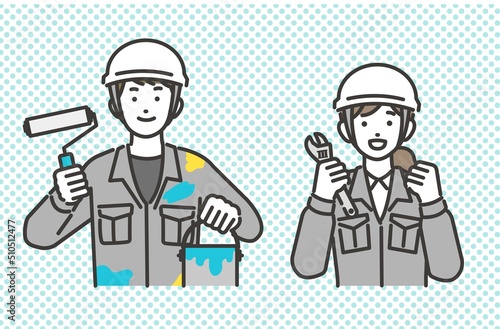 工具を持つ大工や職人、作業員などの上半身のベクターイラスト素材／コミュニケーション／現場監督／工事