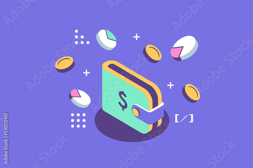 Online money transfer concept, Commerce solutions for investments. Vector isometric illustration.