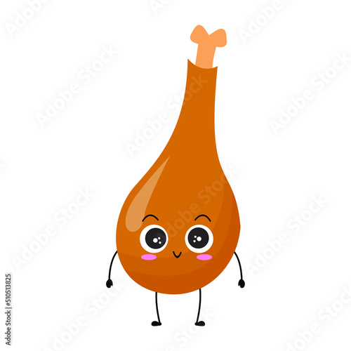 Vector illustration of chicken thigh with cute expression, chicken thigh isolated on white background, simple minimal style,  mascot collection, emoticon. smile, happy