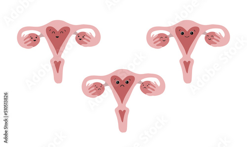 Emoji set, emoticon uterus hugging ovaries icon. Funny sex education sticker, respect and love for your body, women s health issues. Vector illustration isolated on white background.