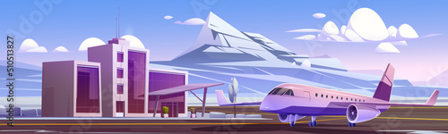 Airport terminal and plane on runway strip in winter. Vector cartoon panoramic illustration of nordic landscape with small airport building, private jet on landing field, snow and mountains