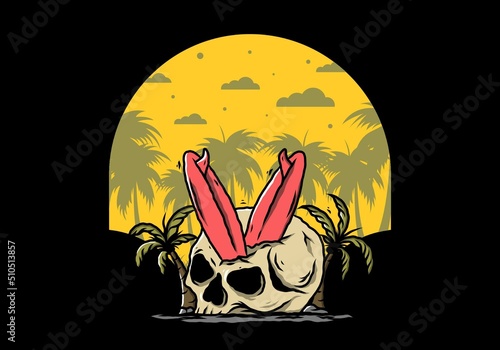Surfing board stuck in human skull illustration