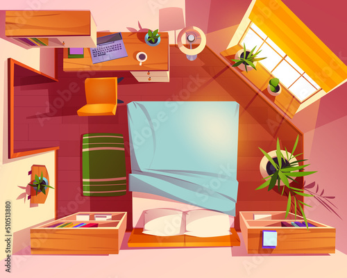 Top view of bedroom interior with bed, desk with laptop, bookcases and plants. Vector cartoon illustration of above view to empty sleeping room with workspace with table and chair