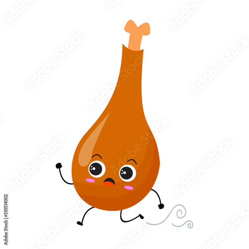 Vector illustration of chicken thigh with cute expression, chicken thigh isolated on white background, simple minimal style,  mascot collection, emoticon. fast run, panic