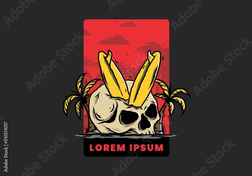Surfing board stuck in human skull illustration