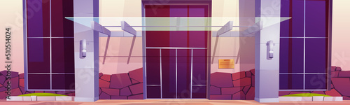 Facade of modern business center with glass canopy. Vector cartoon illustration of entrance of modern city building with double doors and golden plate