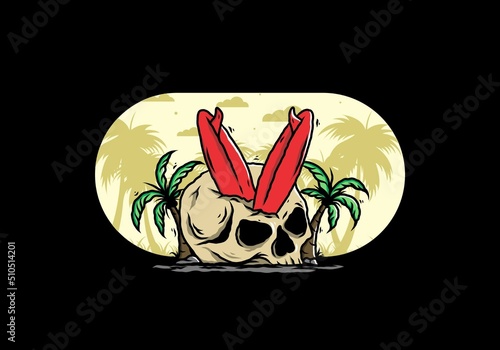 Surfing board stuck in human skull illustration