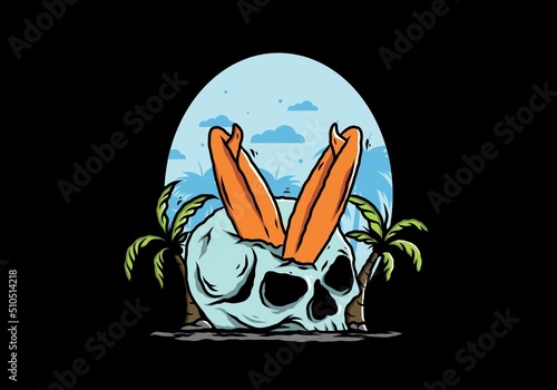 Surfing board stuck in human skull illustration