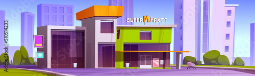 Supermarket building exterior on city street. Vector cartoon illustration of summer cityscape with modern store facade with pharmacy and shopping cart on parking