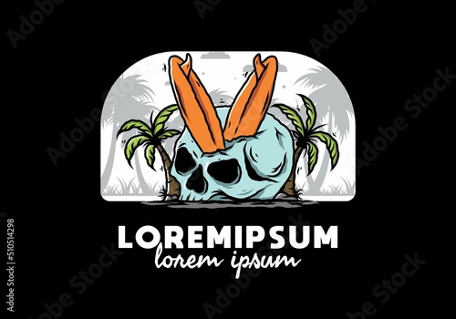 Surfing board stuck in human skull illustration