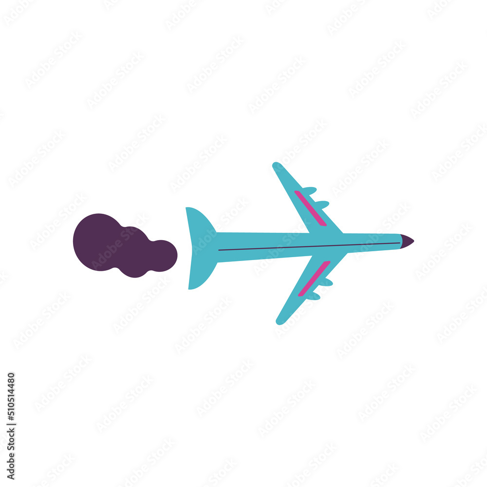 Airplane with toxic smoke trail, flat vector illustration isolated on white. Airplane with toxic smoke trail, flat vector illustration isolated on white.