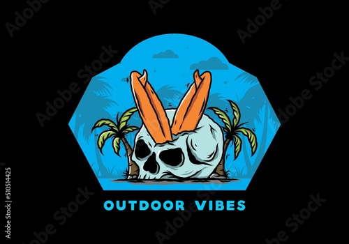 Surfing board stuck in human skull illustration