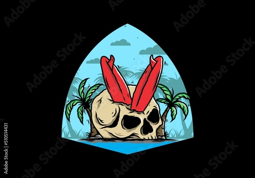 Surfing board stuck in human skull illustration