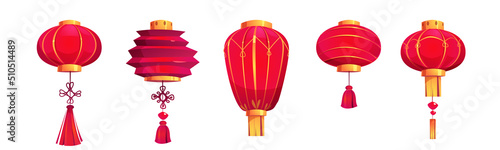 Chinese festival red lanterns, traditional decoration for asian New Year celebration. Vector cartoon icons set of oriental paper lamps with gold ornament and tassels from China