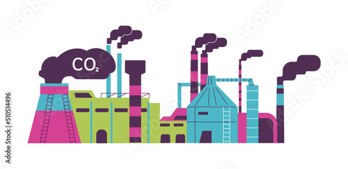 Factory releases smoke and pollutes the environment flat style