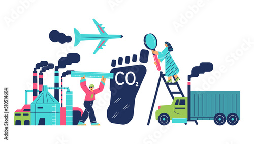 Pollution with carbon footprint or CO2, factory, airplane and truck - flat vector illustration isolated on white.