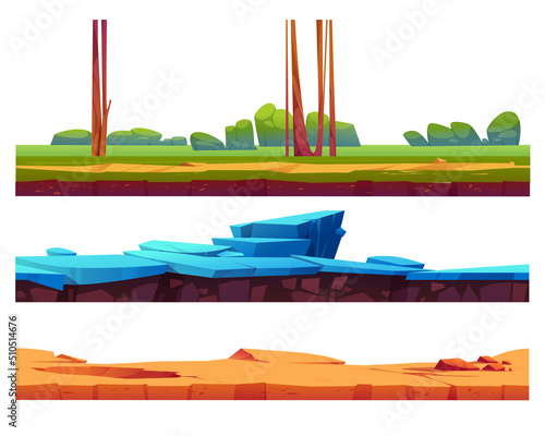 Seamless game ground textures of summer landscape, ice and desert. Vector cartoon set of level platforms soil, green grass and trees, frozen land and sand isolated on white background
