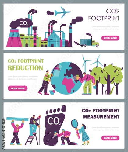 Carbon reduction banners, saving the environment, flat vector illustration.