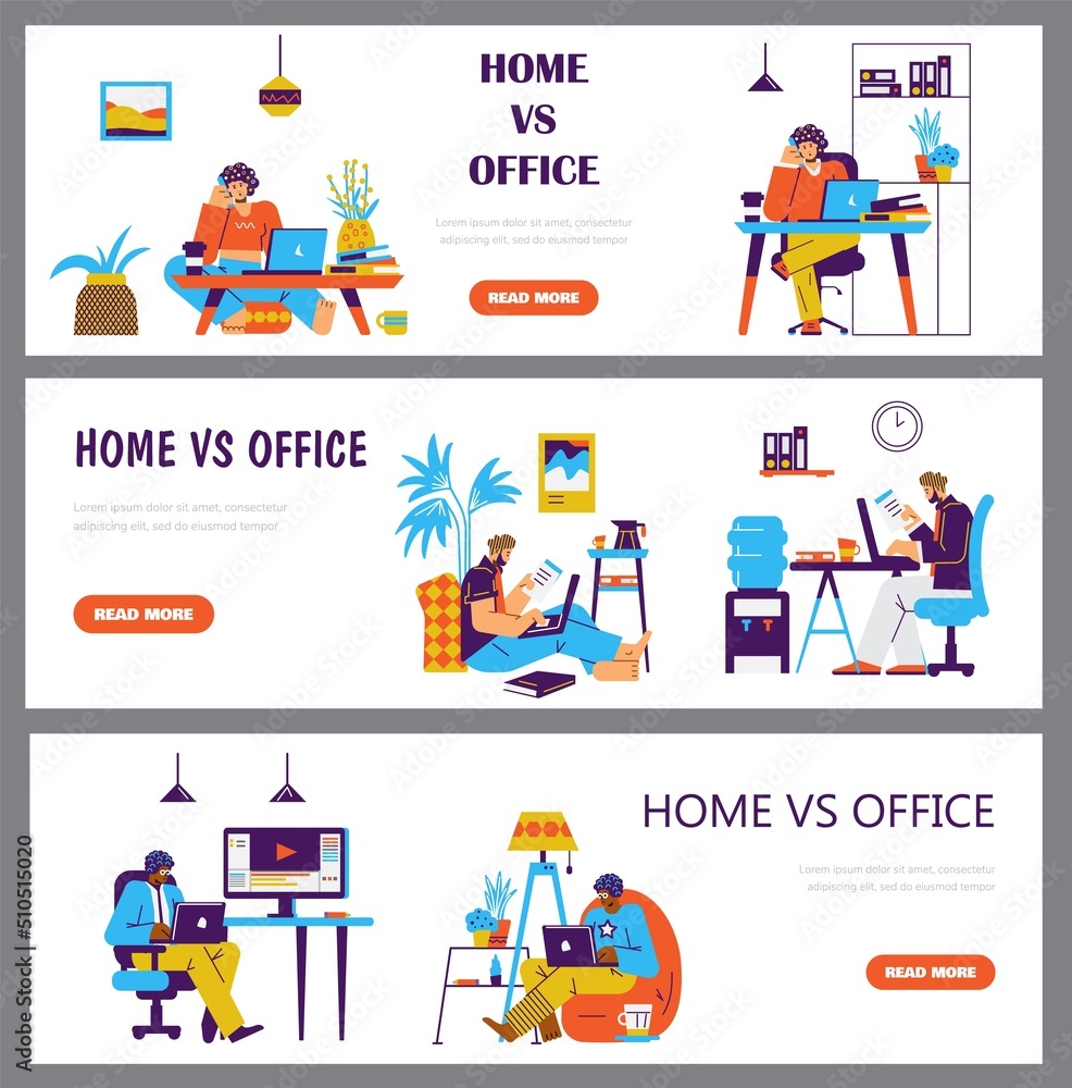 Outsourcing and freelance occupation benefits vs office work, flat vector.
