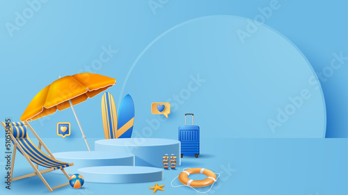 Summer display podium decoration background with beach ornament. Vector 3D Illustration