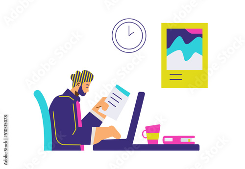 Man typing on laptop document, flat vector illustration isolated on white.