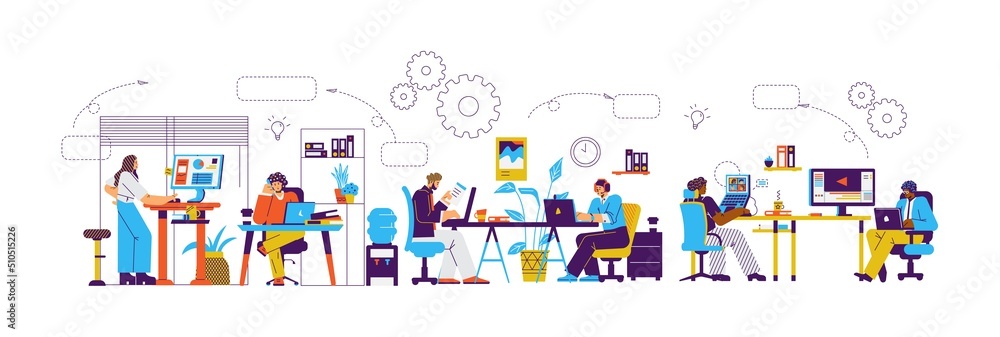 Outsource work infographics with office employees working in teamwork, flat vector illustration on white.