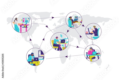 Outsourcing global services of remote work, flat vector illustration isolated.