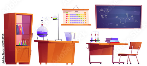 Classroom furniture set for chemistry learning in school or college. Vector cartoon isolated illustration of class interior with flasks on desk, formulas on blackboard and chemical periodic table photo