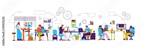 Outsource work infographics with office employees working in teamwork, flat vector illustration on white.