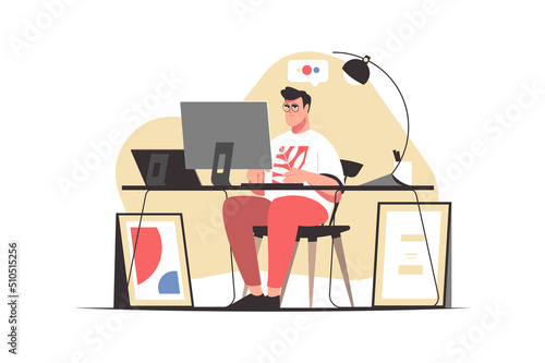 Man working on computer in home office