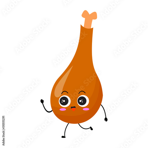Vector illustration of chicken thigh with cute expression, chicken thigh isolated on white background, simple minimal style,  mascot collection, emoticon. happy greating, smile