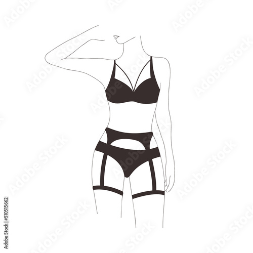 Abstract female body silhouette. Contemporary minimalist woman figure in linear style. Elegant girl in black lingerie. Vector outline illustration for logo, print, card, poster.