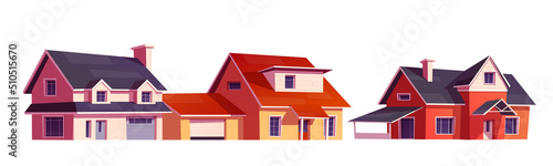 Suburb district residential houses icons isolated on white. Vector cartoon isolated illustration of suburban cottages with garages