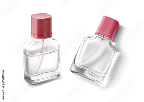 Glass bottles for fragrance, perfume, cologne, cosmetic spray. Vector realistic mockup of 3d blank transparent containers with tubes, pink caps and clear fluid isolated on white background angle view