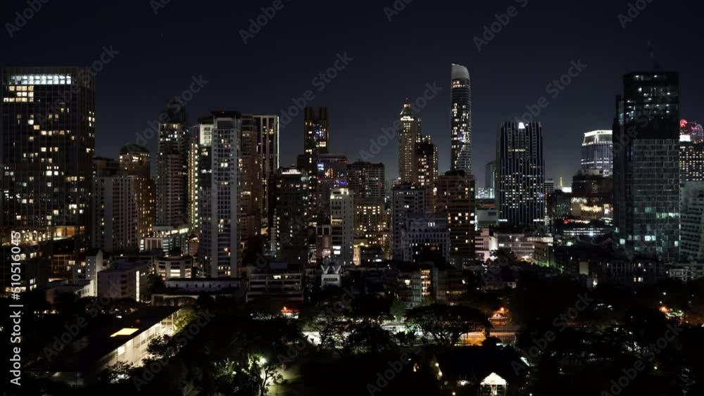 high-rise buildings cityscape near Witthayu road at night in Bangkok city, Thailand