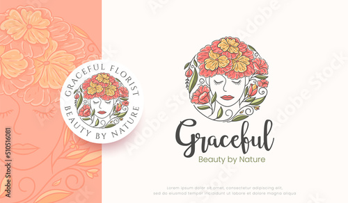 beauty woman with flower hair illustration logo design