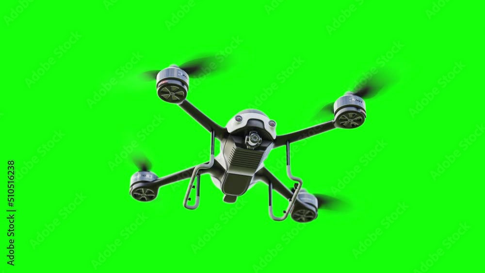 Drone white color flying close-up. Animation Loop On Green Screen. 3D Render.